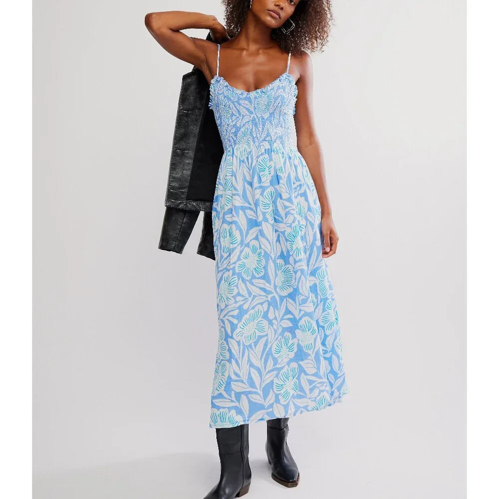 🎉LAST CHANCE🎉 FREE PEOPLE Sweet Nothings Midi Dress / Blue Vista Combo - Picture 2 of 7